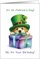 Birthday on St Patricks Day Cute Dog with Hat on Present card