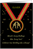Wrestler Custom Name Birthday Black Gold and Red Medal Champ card