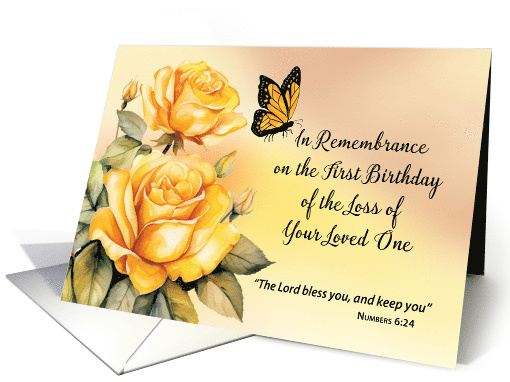 First Birthday In Remembrance Religious Yellow Roses Butterfly card