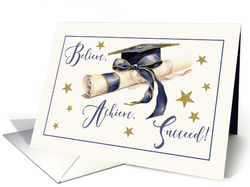 Graduation Succeed Hat and Diploma Blue and Gold Look card (1906010)
