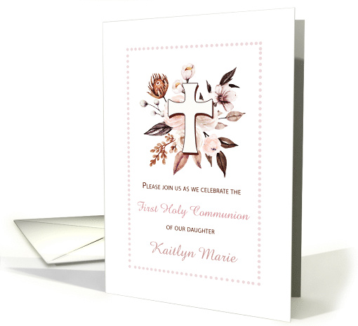 Daughter First Communion Invitation Pink Tan Boho Florals... (1906032)