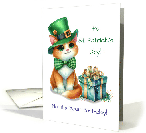 Birthday on St Patricks Day Cute Cat with Hat on Present card