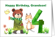 Grandson 4th Birthday Watercolor Bear and Fox with Large Four card