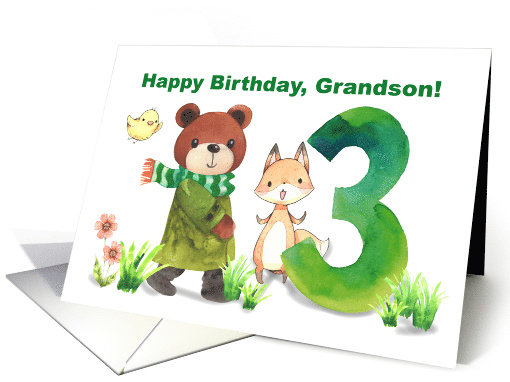 Grandson 3rd Birthday Watercolor Bear and Fox with Large Three card