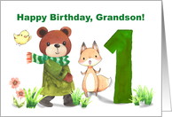 Grandson 1st Birthday Watercolor Bear and Fox with Large One card