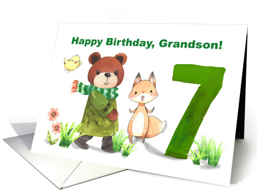 Grandson 7th Birthday Watercolor Bear and Fox with Large Seven card