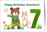 Grandson 7th Birthday Watercolor Bear and Fox with Large Seven card
