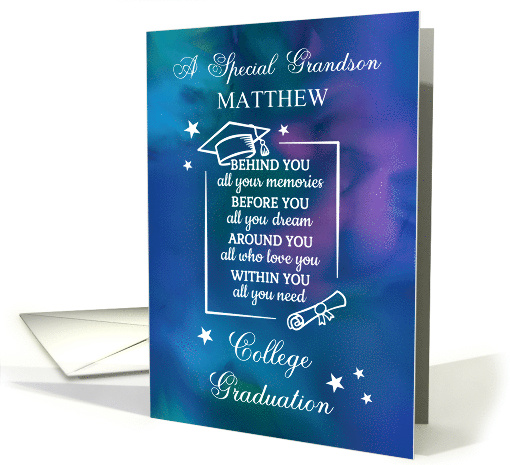 Grandson Custom Name College Graduation Quote Blue Watercolor card