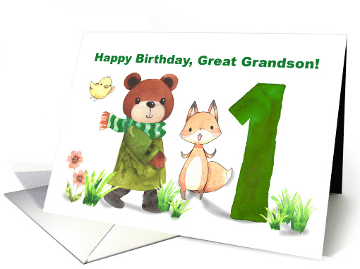 Great Grandson 1st Birthday Bear and Fox with Large One card (1908676)