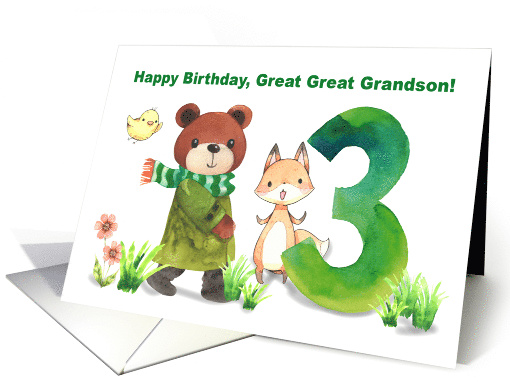 Great Great Grandson 3rd Birthday Bear and Fox with Large Three card
