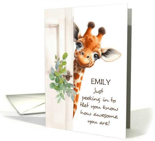 Custom Name Awesome Encouragement Giraffe Peeking Around Door card