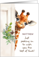 Custom Name Good Luck Giraffe Peeking Around Door card