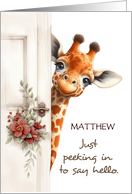 Custom Name Thinking of You to Say Hi Giraffe Peeking Around Door card