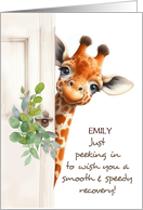 Custom Name Feel Better After Surgery Giraffe Peeking Around Door card