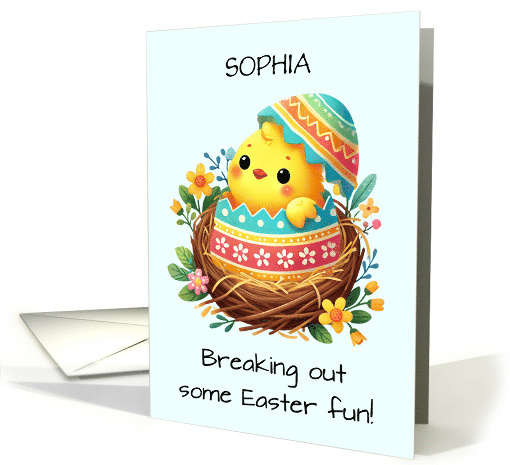 Personalize Easter Chick Breaking Out of Shell in Cute Nest card