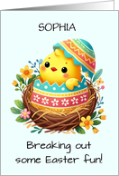 Personalize Easter Chick Breaking Out of Shell in Cute Nest card