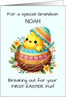 Grandson First Easter Personalize Chick Breaking Out of Shell in Nest card