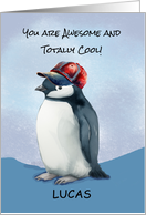 For Any Boy Personalize Birthday Penguin With Baseball Hat card