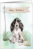 Black and White Cocker Spaniel Dog Under Birthday Sign card