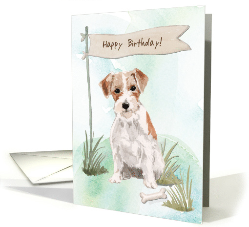 Wire Haired Jack Russell Terrier Dog Under Birthday Sign card