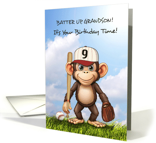 9th Birthday Grandson Baseball Monkey Bat Ball and Glove card