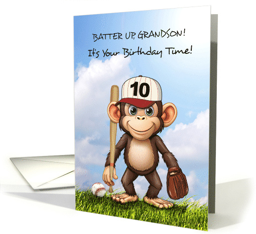 10th Birthday Grandson Baseball Monkey Bat Ball and Glove card