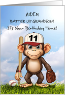 11th Birthday Grandson Personalize Baseball Monkey Bat and Glove card