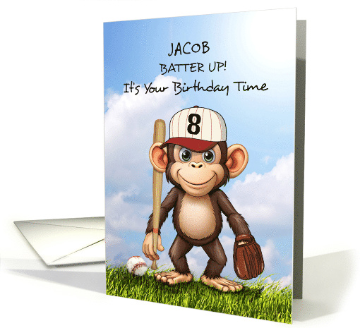 8th Birthday Personalize Baseball Monkey with Bat Ball Glove card