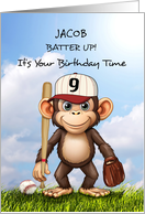 9th Birthday Personalize Baseball with Monkey Bat Ball and Glove card