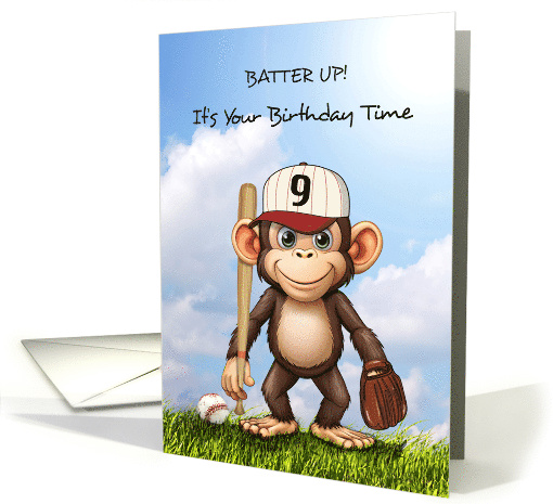 9th Birthday Baseball Birthday with Monkey Bat Ball and Glove card