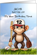 12th Birthday Personalize Baseball with Monkey Bat Ball and Glove card