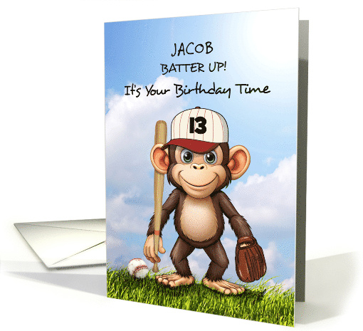 Birthday Personalize Age Name Baseball Monkey Bat and Glove card