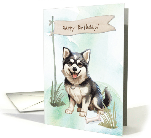 Alaskan Klee Kai Breed Dog Outdoors Under Birthday Sign card (1917052)