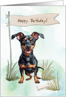German Pinscher Dog Outdoors Under Birthday Sign card