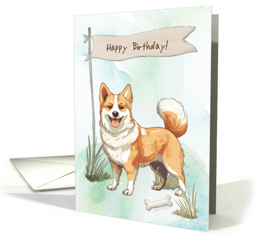 Norwegian Lundehund Dog Breed Outdoors Under Birthday Sign card