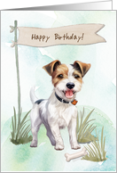 Parson Russell Terrier Dog Breed Outdoors Under Birthday Sign card