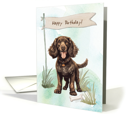 American Water Spaniel Dog Breed Outdoors Under Birthday Sign card
