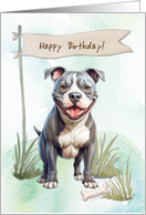 American Pit Bull Terrier Dog Outdoors Under Birthday Sign card