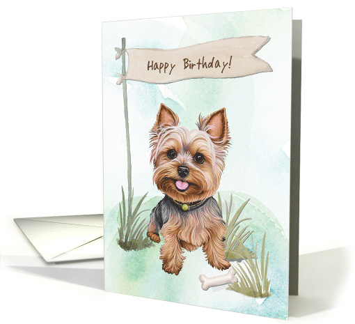 Yorkshire Terrier Dog Outdoors Under Birthday Sign card (1918120)