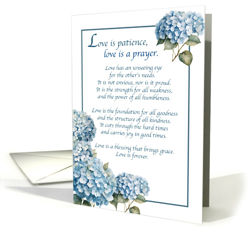 Religious Anniversary to Couple Blue Hydrangeas Love is Patience card