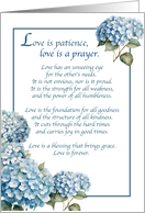 Religious Anniversary to Couple Blue Hydrangeas Love is Patience card