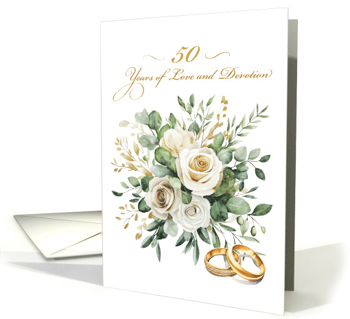50th Wedding Anniversary Elegant Ivory Floral and Gold Rings card