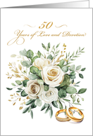 50th Wedding Anniversary Elegant Ivory Floral and Gold Rings card