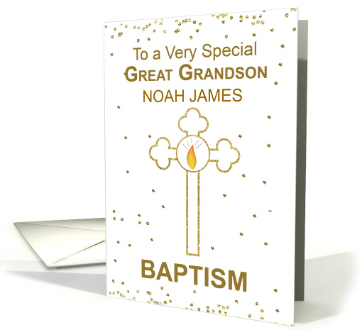 Great Grandson Personalized Name Baptism Gold Looking Cross card