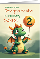 2nd Birthday Personalize Name Cute Dragon Holding Balloon Magical card