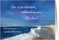 Personalize Name Birthday Waves on Ocean Blue Sky card