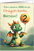 Son 2nd Birthday Cute Dragon Holding Balloon Magical Fun card