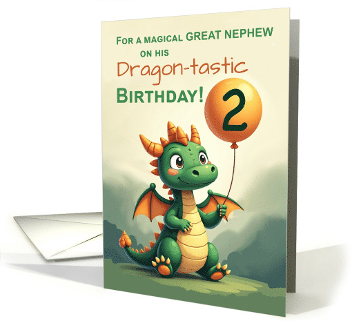 Great Nephew 2nd Birthday Cute Dragon Holding Balloon Magical Fun card