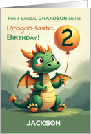 Grandson 2nd Birthday Personalize Name Cute Dragon Holding Balloon Mag card
