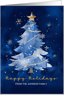 Happy Holidays Custom Name Elegant Navy Gold Christmas Tree card